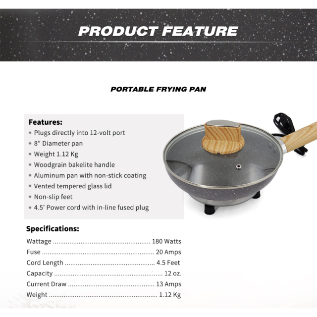 12V Portable Car Non-Stick Frying Cooking Pan Woodgrain Bakelite Handle for Camping