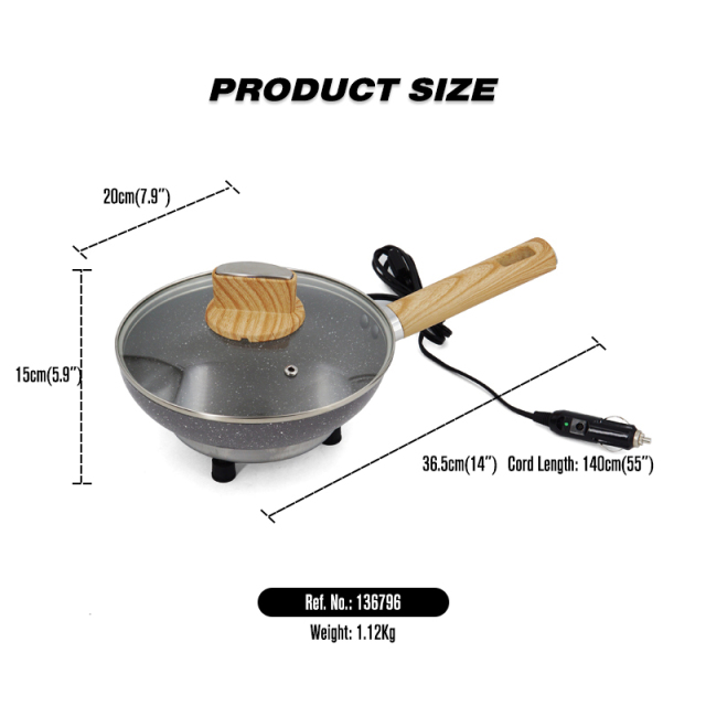12V Portable Car Non-Stick Frying Cooking Pan Woodgrain Bakelite Handle for Camping