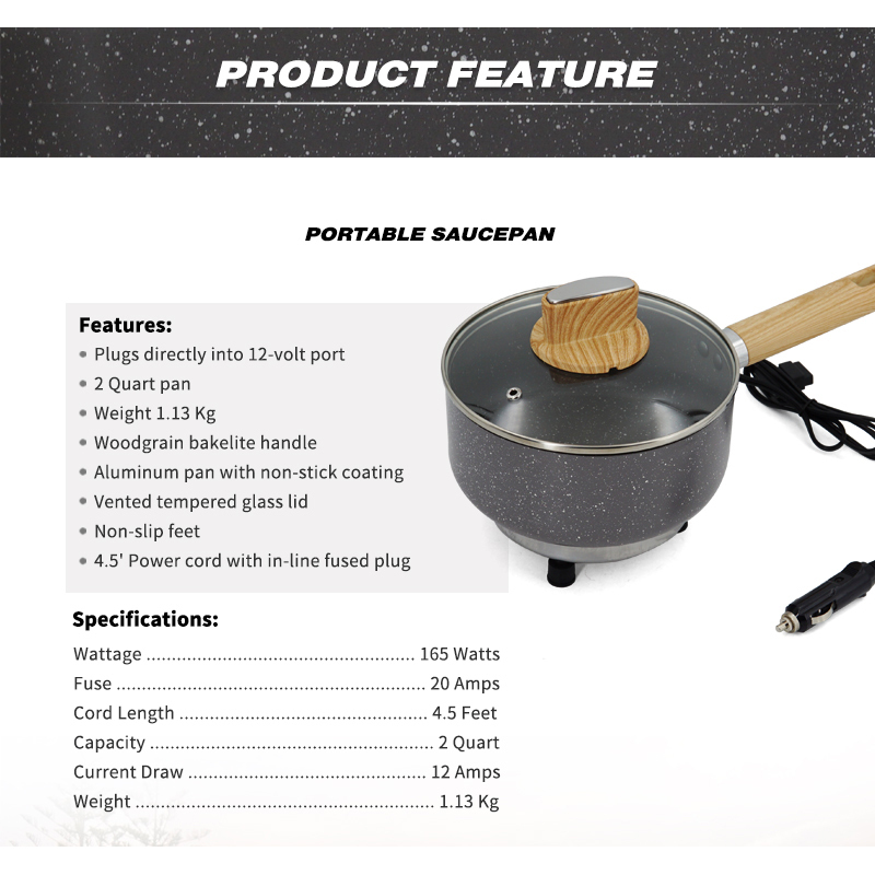 12V Portable Car Cookware Pan Car Saucepan Woodgrain Bakelite Handle for Camping