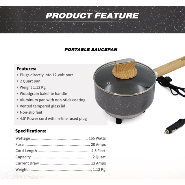 12V Portable Car Cookware Pan Car Saucepan Woodgrain Bakelite Handle for Camping