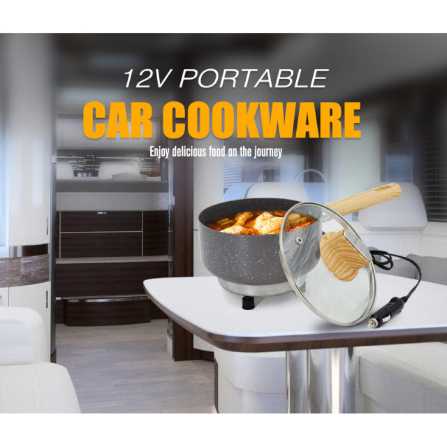 12V Portable Car Cookware Pan Car Saucepan Woodgrain Bakelite Handle for Camping