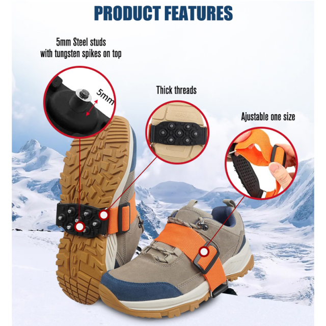 Ice Cleats Mid-Sole with 7 Tungsten Spikes Snow Traction Cleats Anti Slip Crampon Adjustable Strap
