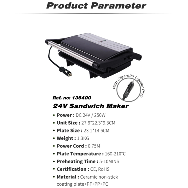 24V 250W Portable Sandwich Maker Non-Stick Coated Plates