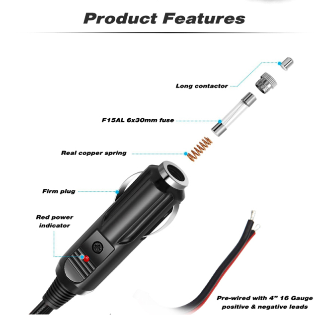 12V Fused Cigarette Lighter Plug with Leads