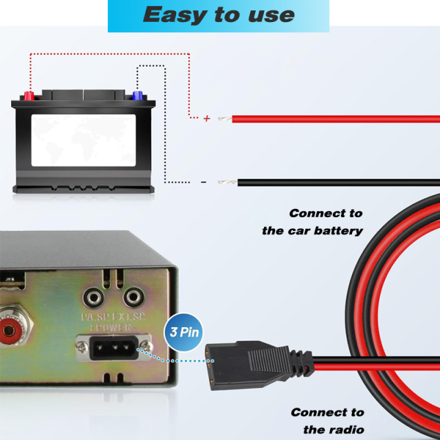 Heavy Duty 16AWG with15A Fuse 12V Power Cord For 3-pin CB Radios