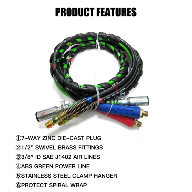 3 in 1 Air Brake Power Lines Hose Wrap 7 Way Electrical Cable Assembly with Handle Grip for Semi Truck Trailer Tractor