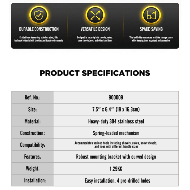 Stainless Steel Spring-Loaded Shovel Holder for Dump Truck and Trailer