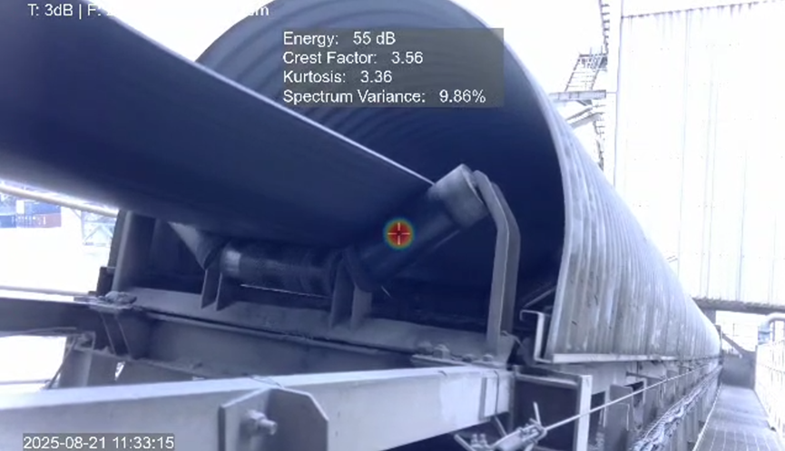 Hertzinno acoustic camera detecting a mechanical fault on a conveyor belt roller using advanced acoustic imaging and condition monitoring.