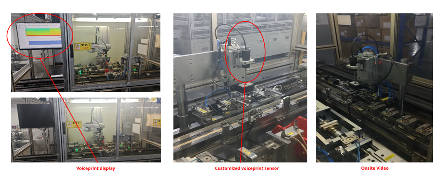 End-of-Line testing station for Sanhua commercial refrigeration solenoid valves, utilizing ultrasonic microphones to detect internal leakage.