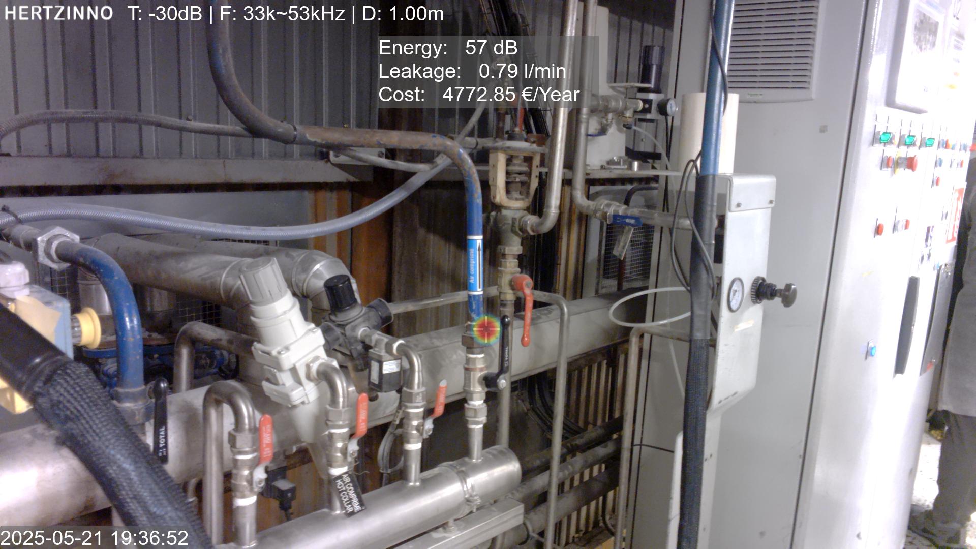 Acoustic imaging result showing sound source localization during industrial leak detection.