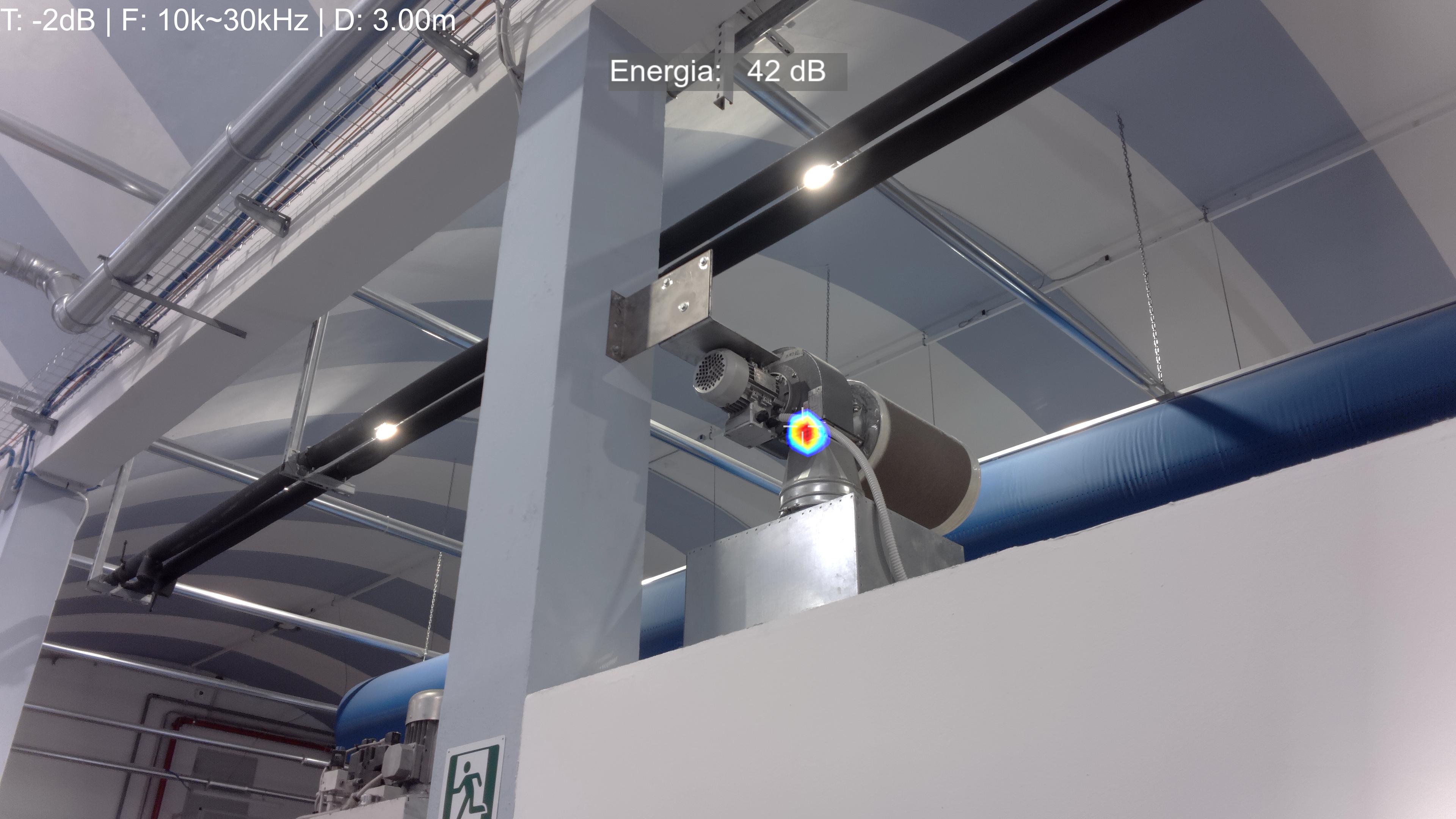 Acoustic camera being used for gas leak and abnormal sound inspection in an industrial pump room.