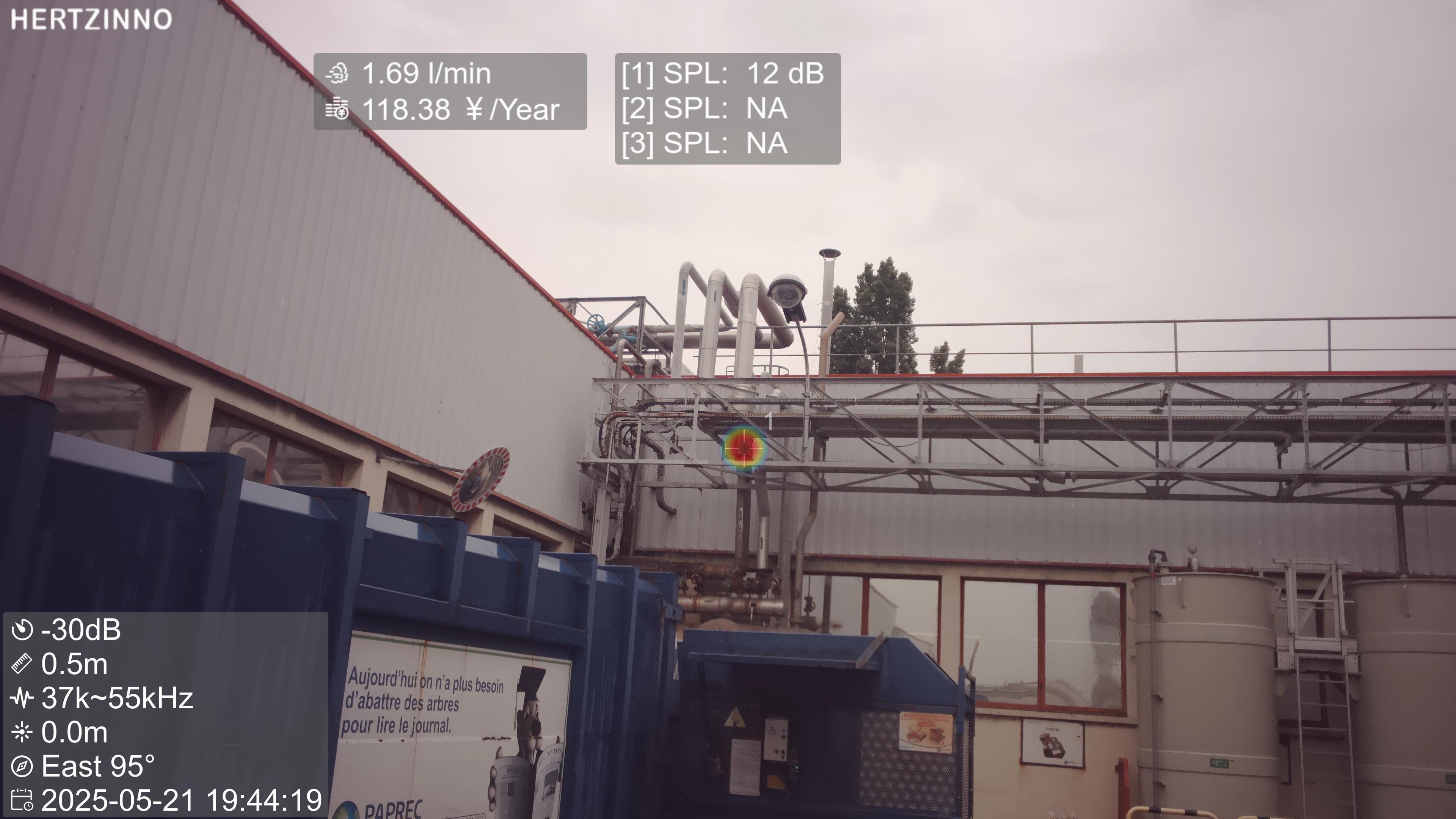 Acoustic camera used at an elevated industrial site to detect gas leaks and abnormal sound sources.