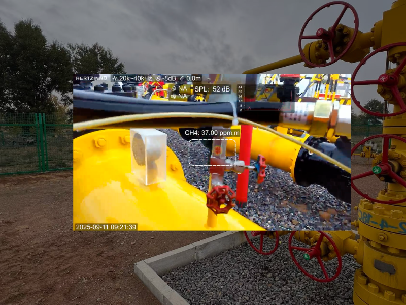 HERTZINNO acoustic camera inspecting industrial pipeline connections for gas leaks