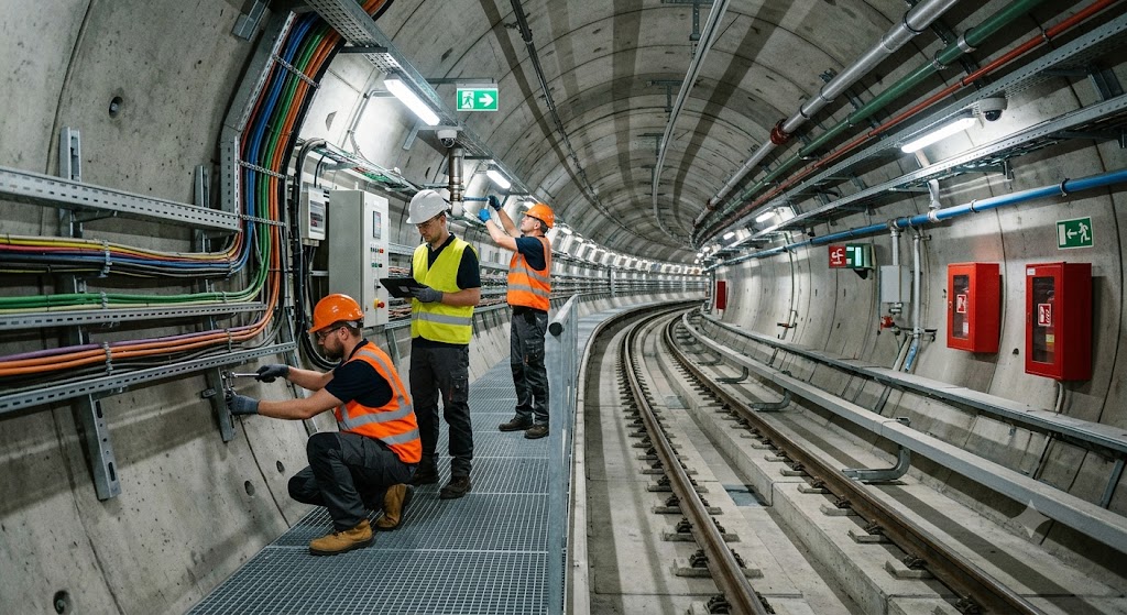 Railway tunnel with cable routes and critical infrastructure monitoring assets