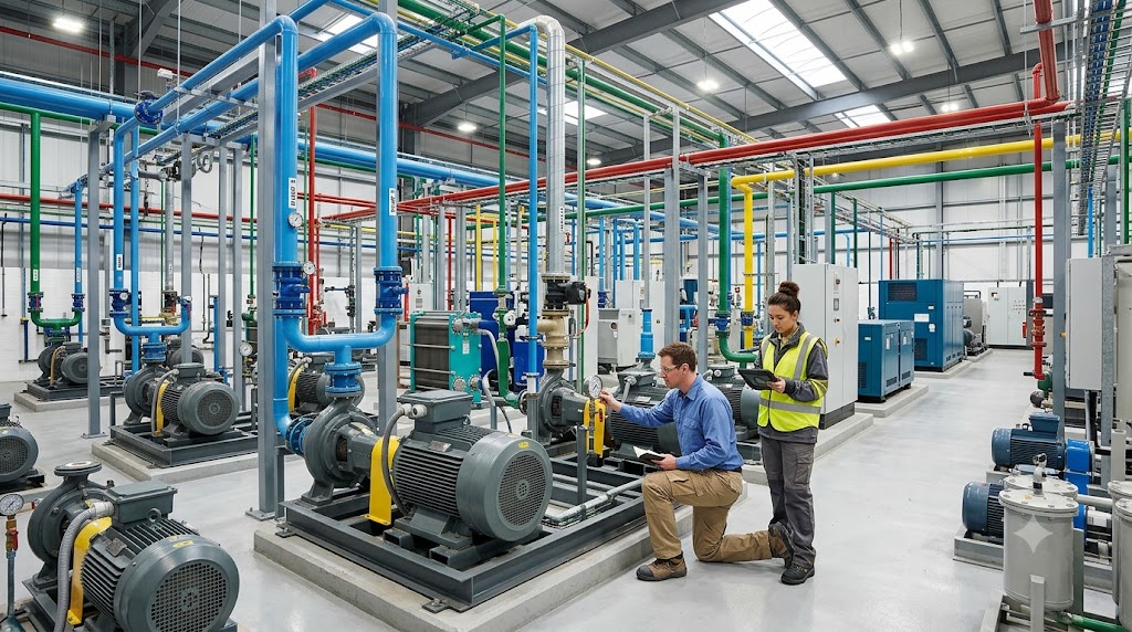 Industrial manufacturing plant with rotating equipment and utility systems