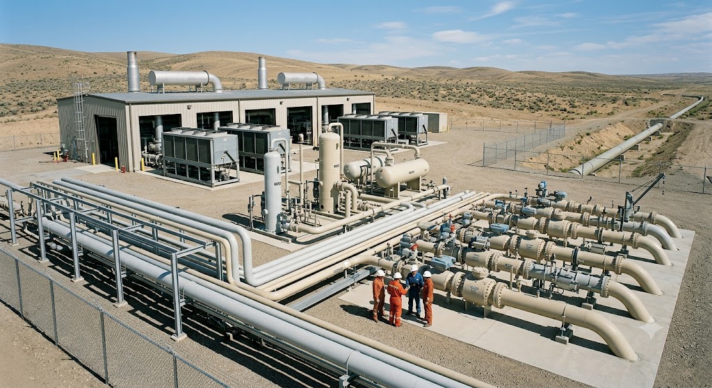 Oil and gas midstream facility with pipeline and processing equipment