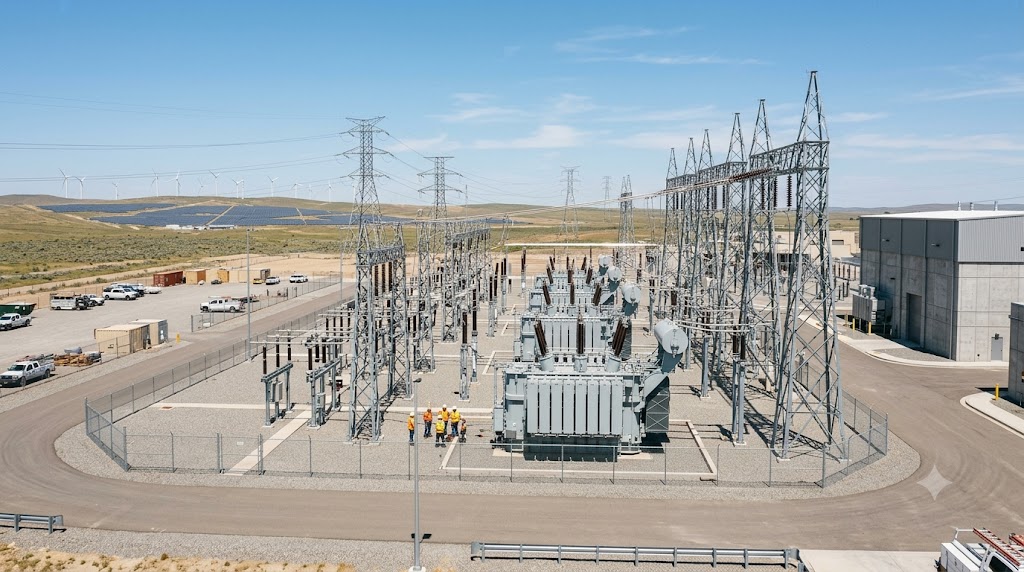 Power utility substation with transformers and transmission infrastructure