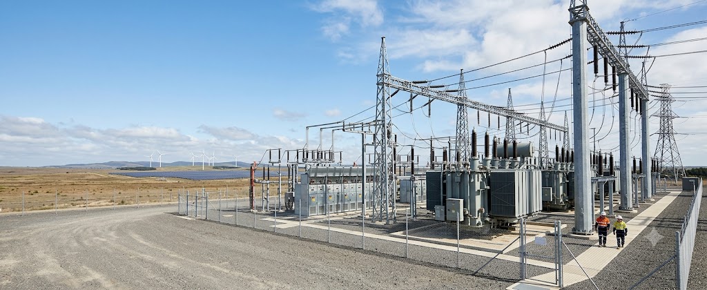 Power utility site with substation, transformer and transmission infrastructure