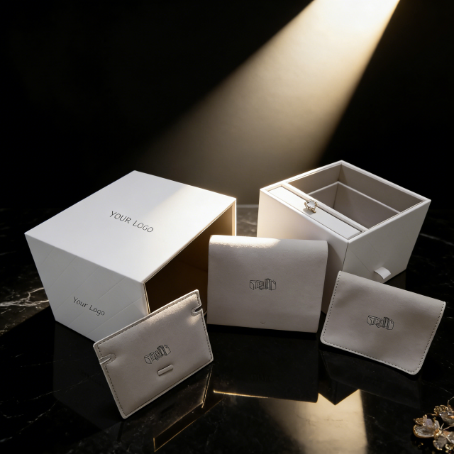 Boîte à bijoux de présentation en cuir PU blanc,