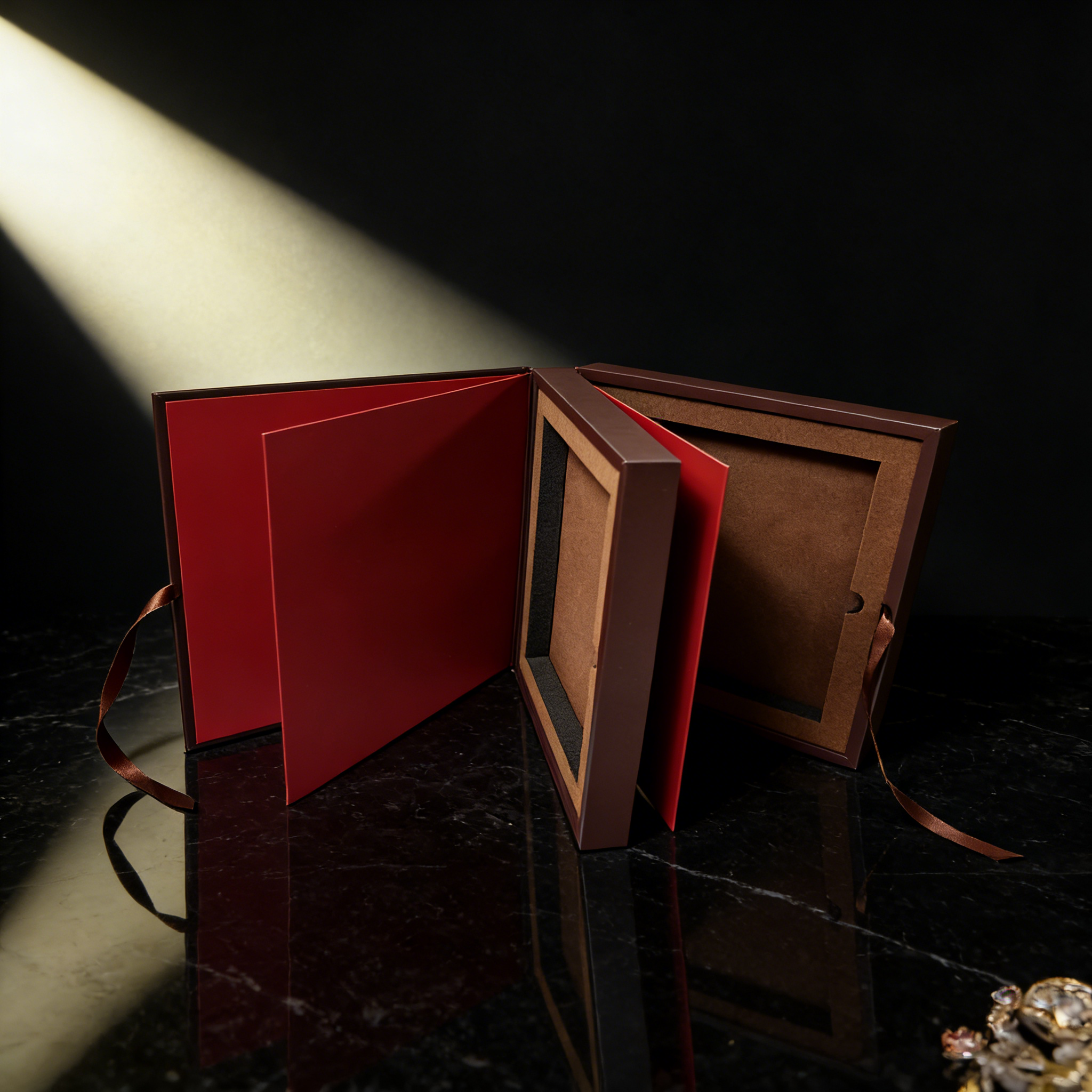 Tactile Paper Gift Box Brown Red Gift Box,Premium Brown Red Tactile Paper Gift Box Book Type With Ribbon Drawer