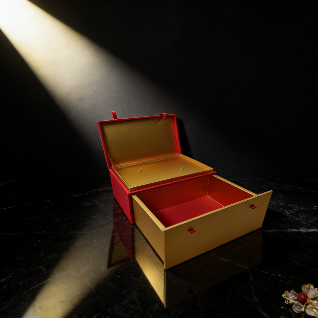 Gilded Specialty Paper Gift Box Red Gold Gift Box,Elegant Red Gold Gift Box Book Type With Ribbon Drawer Custom Logo