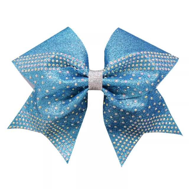 Turquoise Cheer Bows Custom Rhinestone Design 6 Inch Size Tailless Style For Cheer Competitions