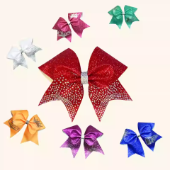 Cheerleading Bows With Rhinestone Transfers Edge Design Hot Fix Tails For Team Competition Use