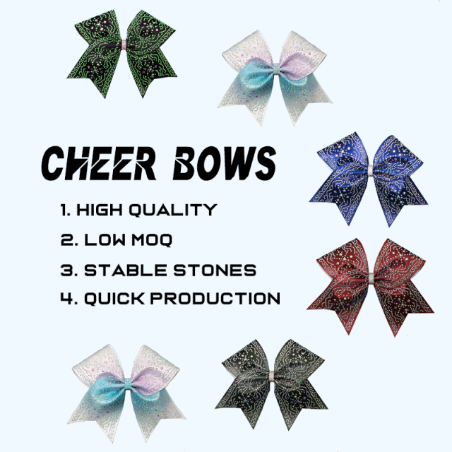 Custom Glitter Cheer Bows Rainbow Accent Hot Pink Rhinestone 6 Inch Tailless For Cheer Practice Wear