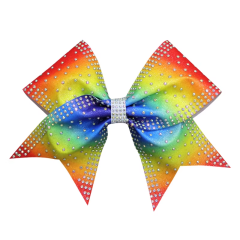 Custom Glitter Cheer Bows Rainbow Accent Hot Pink Rhinestone 6 Inch Tailless For Cheer Practice Wear