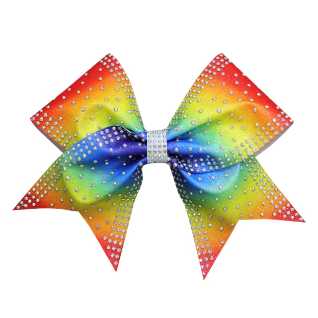 Custom Glitter Cheer Bows Rainbow Accent Hot Pink Rhinestone 6 Inch Tailless For Cheer Practice Wear