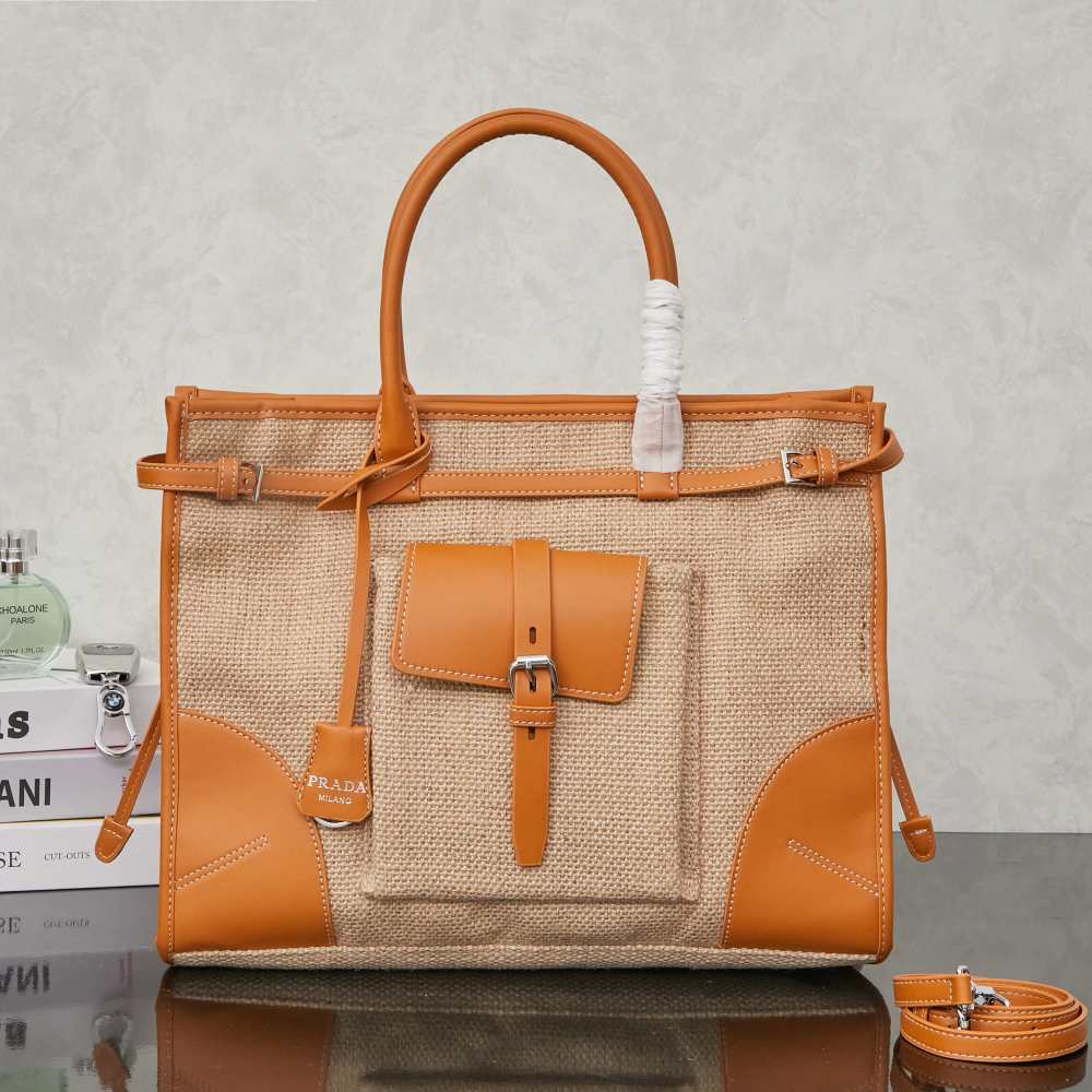 Prada（プラダ）Bonnie（ボニー）リネンレザー コンビ トートバッグ ブラウン コピー品