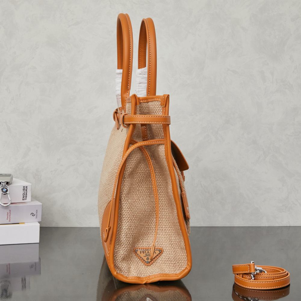 Prada（プラダ）Bonnie（ボニー）リネンレザー コンビ トートバッグ ブラウン コピー品