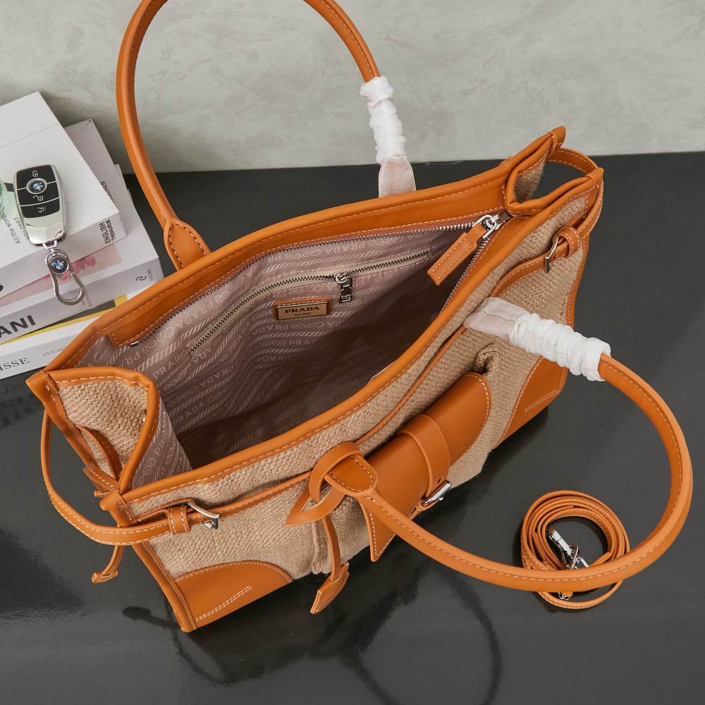 Prada（プラダ）Bonnie（ボニー）リネンレザー コンビ トートバッグ ブラウン コピー品