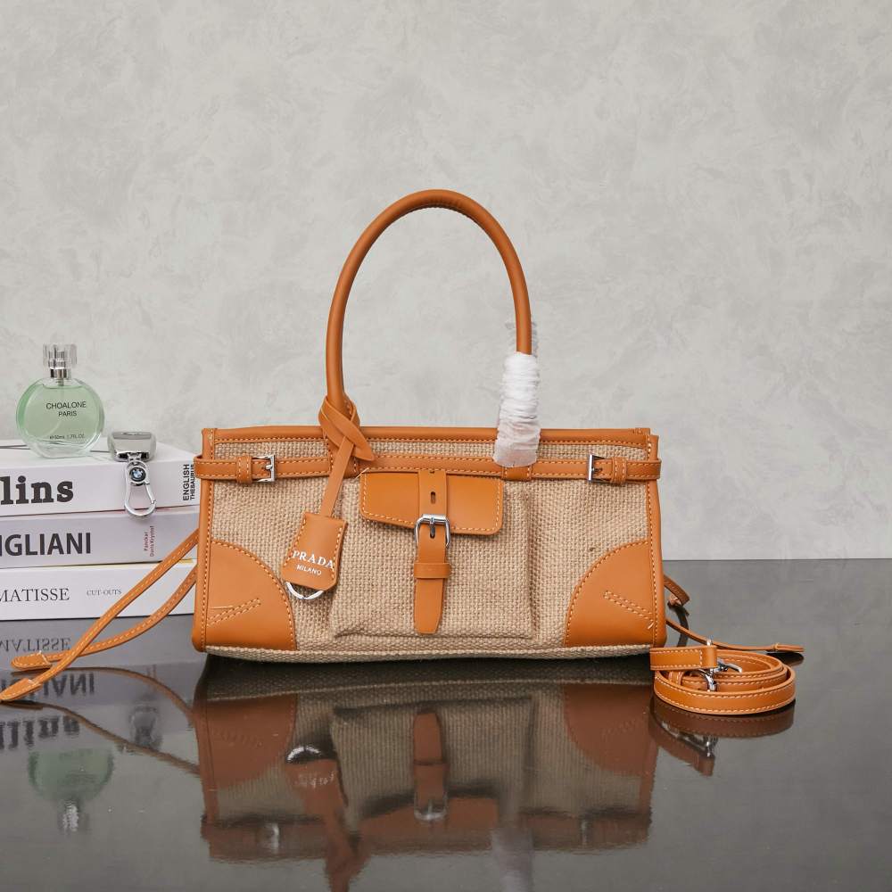 Prada（プラダ）Bonnie（ボニー）リネン＆オイルレザー コンビ トートバッグ 小型 横型 ブラウン コピー品