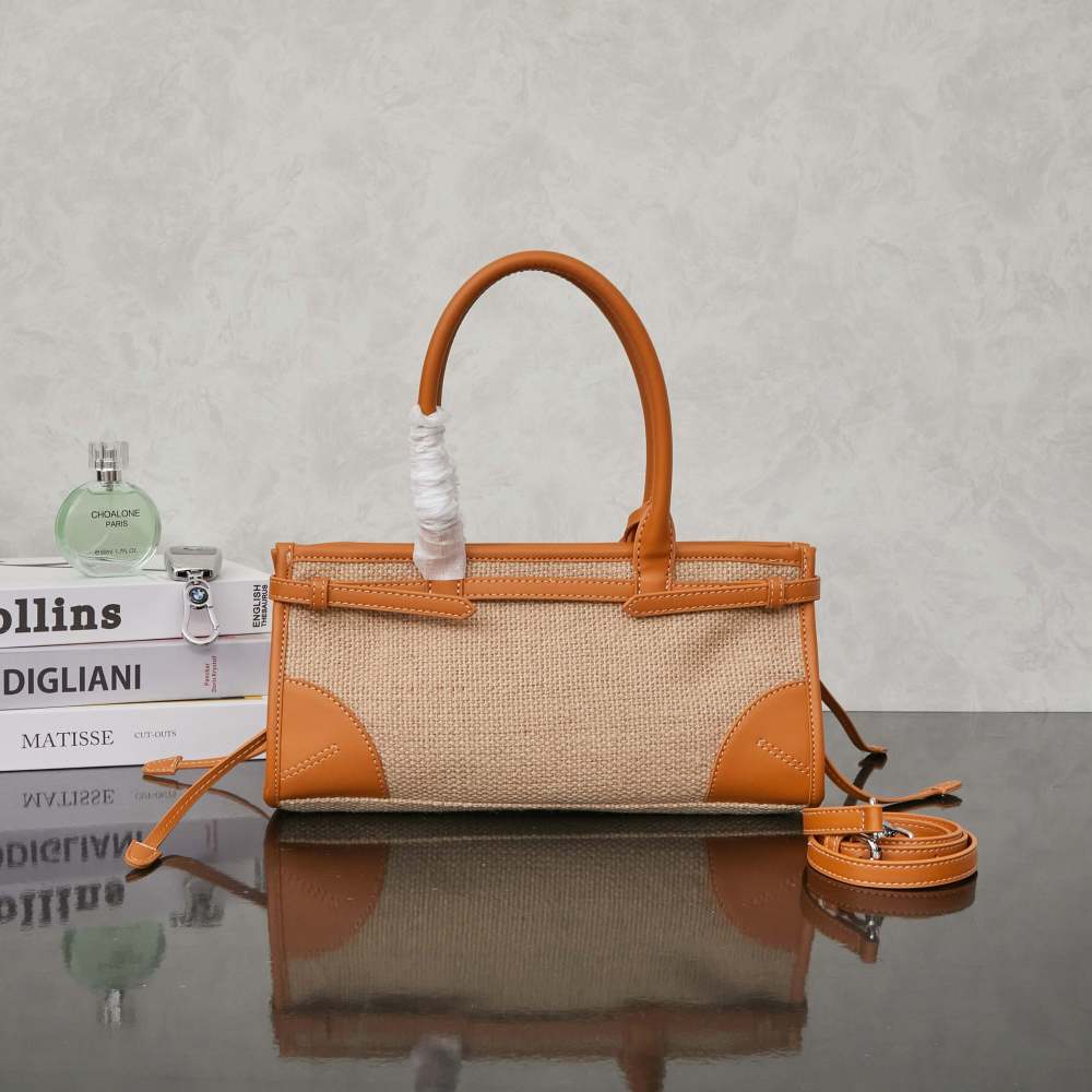 Prada（プラダ）Bonnie（ボニー）リネン＆オイルレザー コンビ トートバッグ 小型 横型 ブラウン コピー品