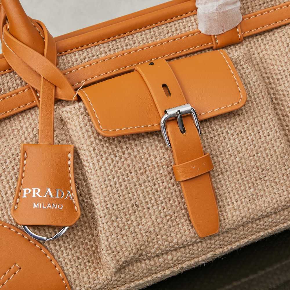 Prada（プラダ）Bonnie（ボニー）リネン＆オイルレザー コンビ トートバッグ 小型 横型 ブラウン コピー品