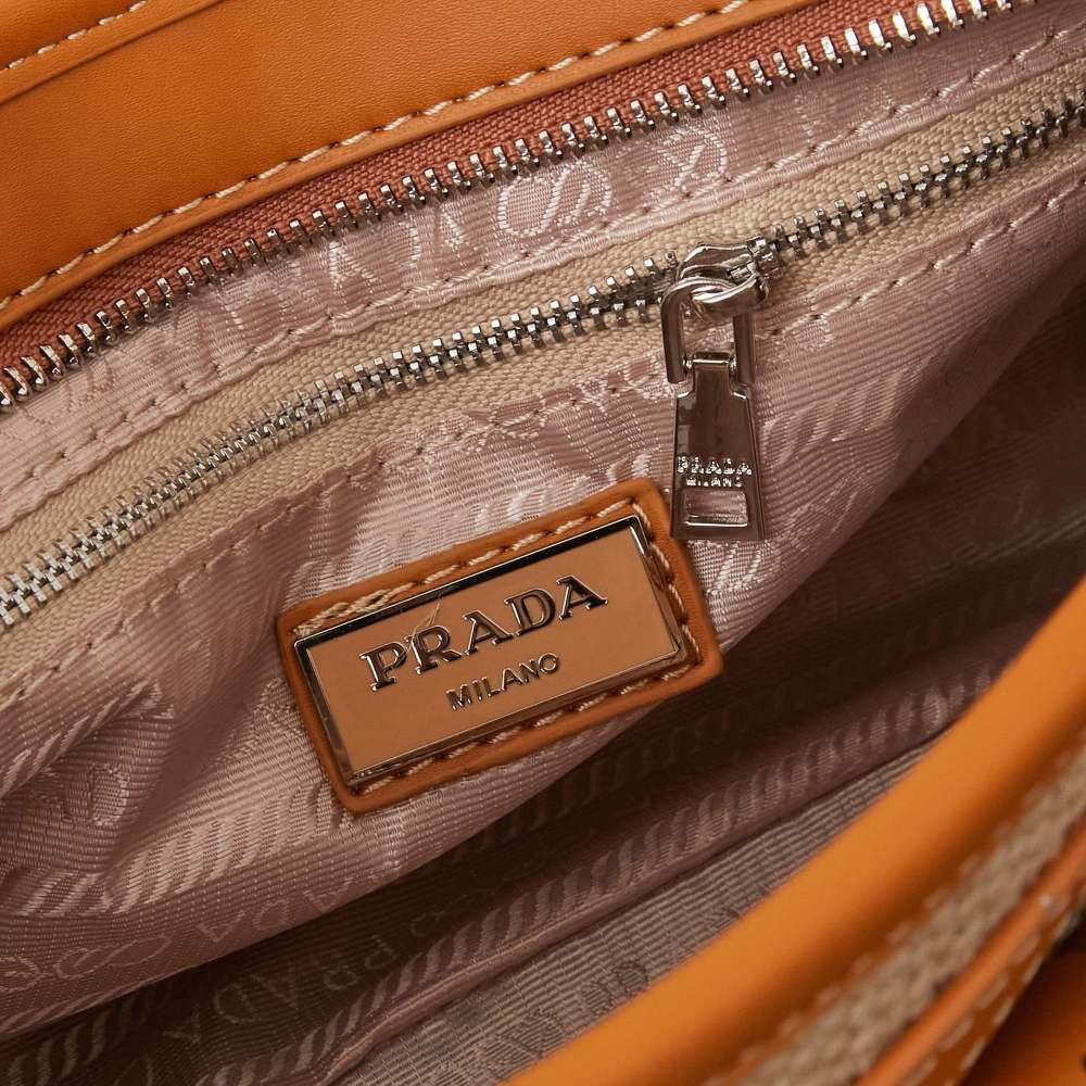 Prada（プラダ）Bonnie（ボニー）リネン＆オイルレザー コンビ トートバッグ 小型 横型 ブラウン コピー品