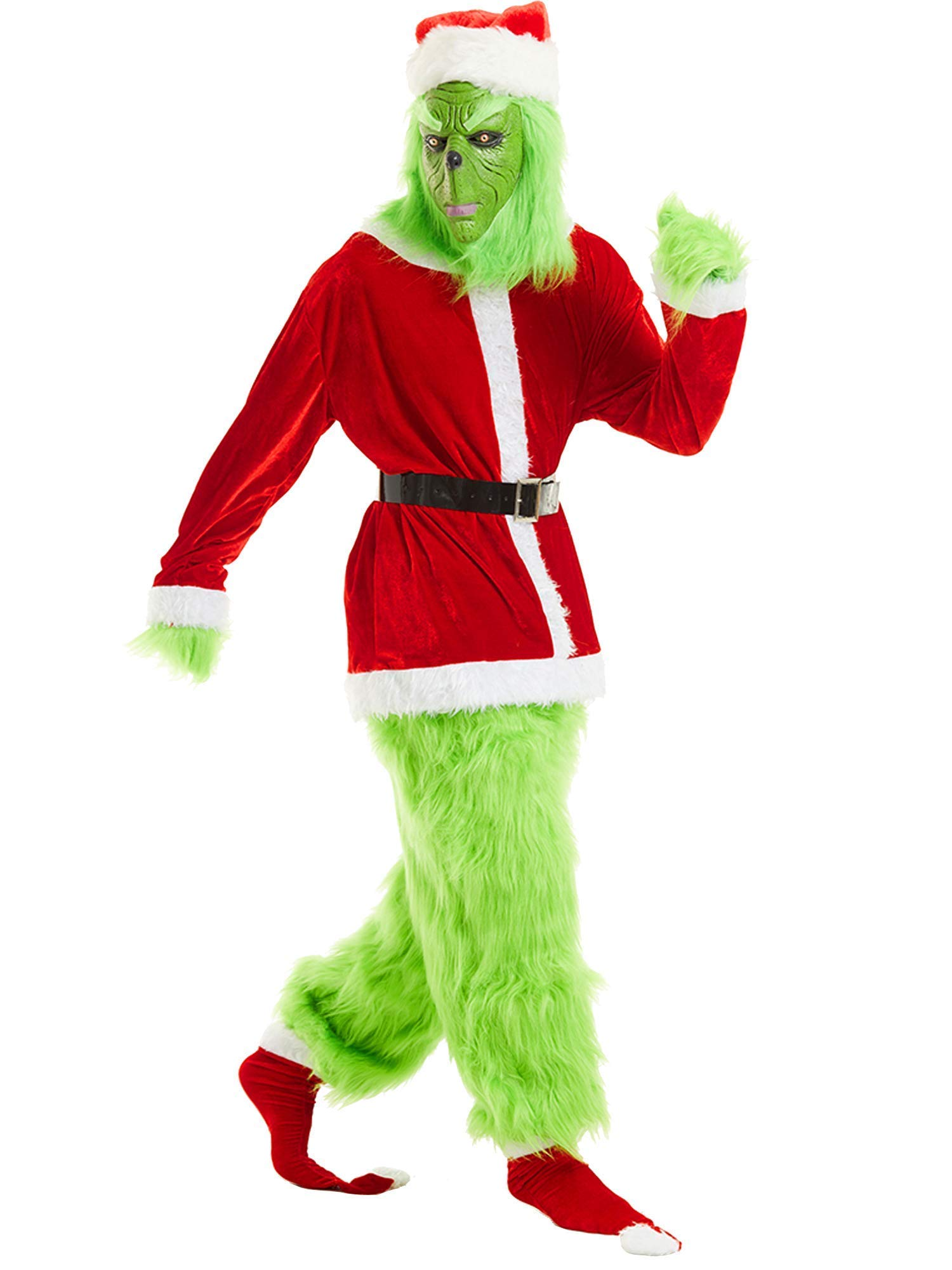 Premium The Grinch Furry Christmas Costume, Dr Seuss Green Monster Santa Outfit With Full Face Mask for Holiday Cosplay