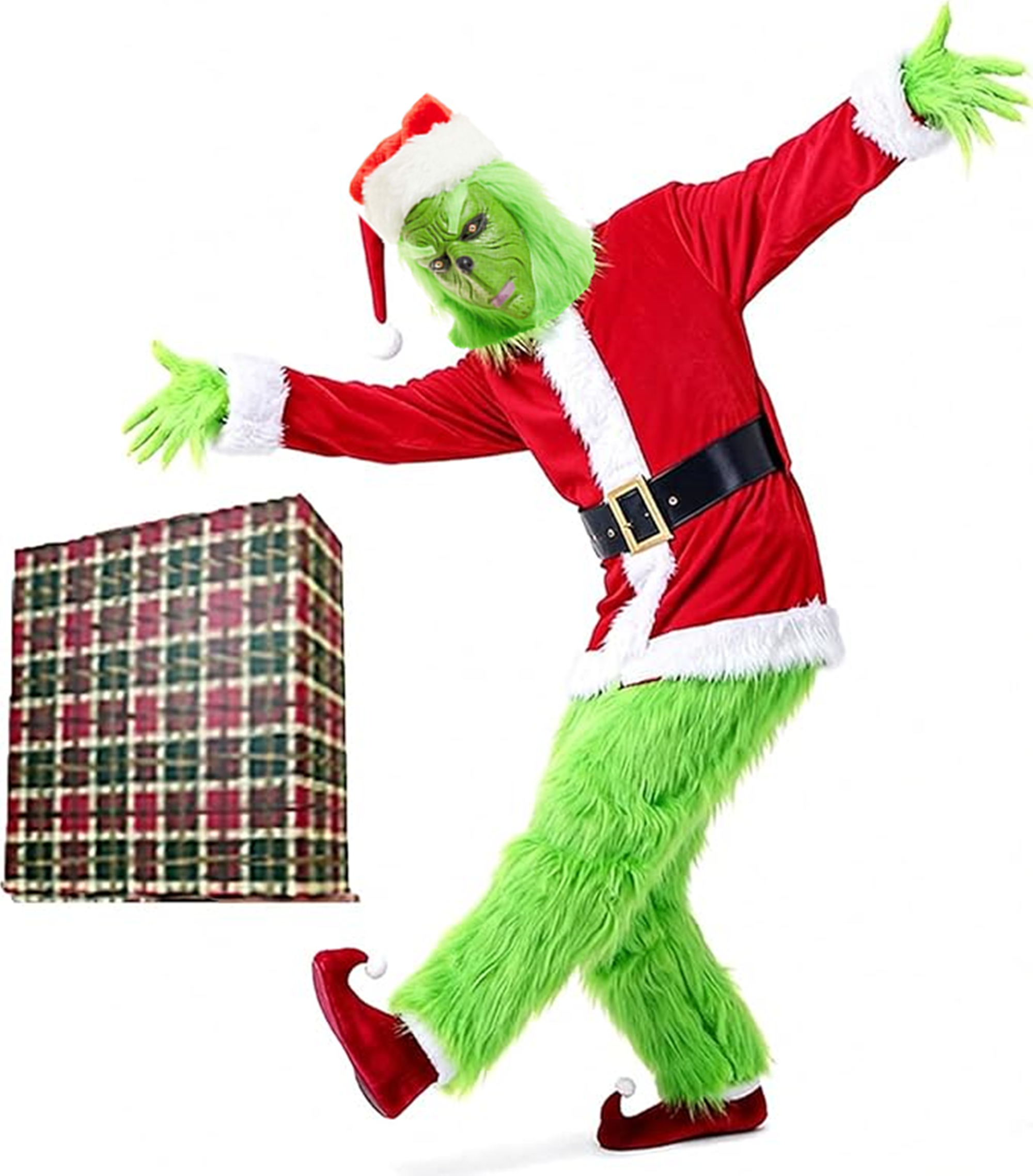 Premium The Grinch Furry Christmas Costume, Dr Seuss Green Monster Santa Outfit With Full Face Mask for Holiday Cosplay
