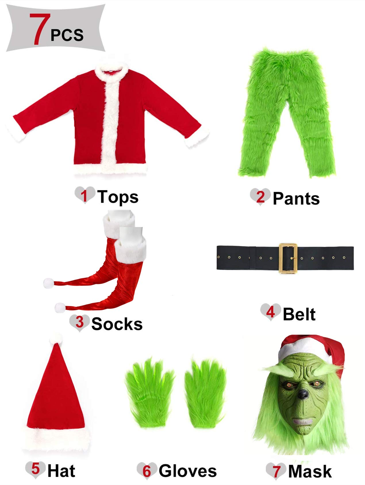 Premium The Grinch Furry Christmas Costume, Dr Seuss Green Monster Santa Outfit With Full Face Mask for Holiday Cosplay