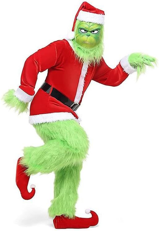 Deluxe  Grinch Santa Christmas Costume, Green Furry Monster Cosplay Outfit With Mask, Holiday Party Fancy‑Dress Suit