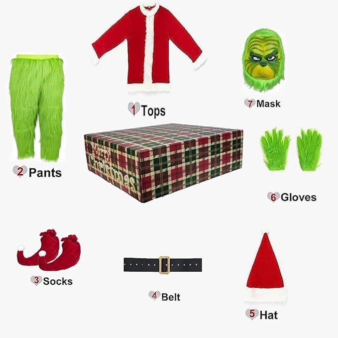 Deluxe  Grinch Santa Christmas Costume, Green Furry Monster Cosplay Outfit With Mask, Holiday Party Fancy‑Dress Suit