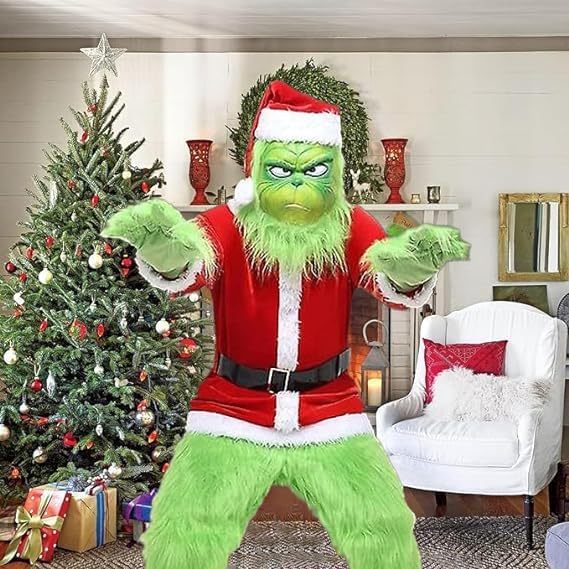 Deluxe  Grinch Santa Christmas Costume, Green Furry Monster Cosplay Outfit With Mask, Holiday Party Fancy‑Dress Suit