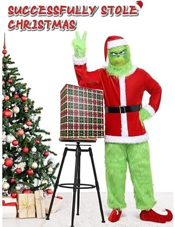 Deluxe  Grinch Santa Christmas Costume, Green Furry Monster Cosplay Outfit With Mask, Holiday Party Fancy‑Dress Suit