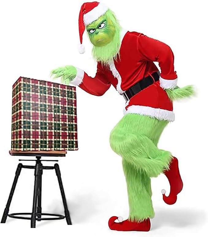 Deluxe  Grinch Santa Christmas Costume, Green Furry Monster Cosplay Outfit With Mask, Holiday Party Fancy‑Dress Suit