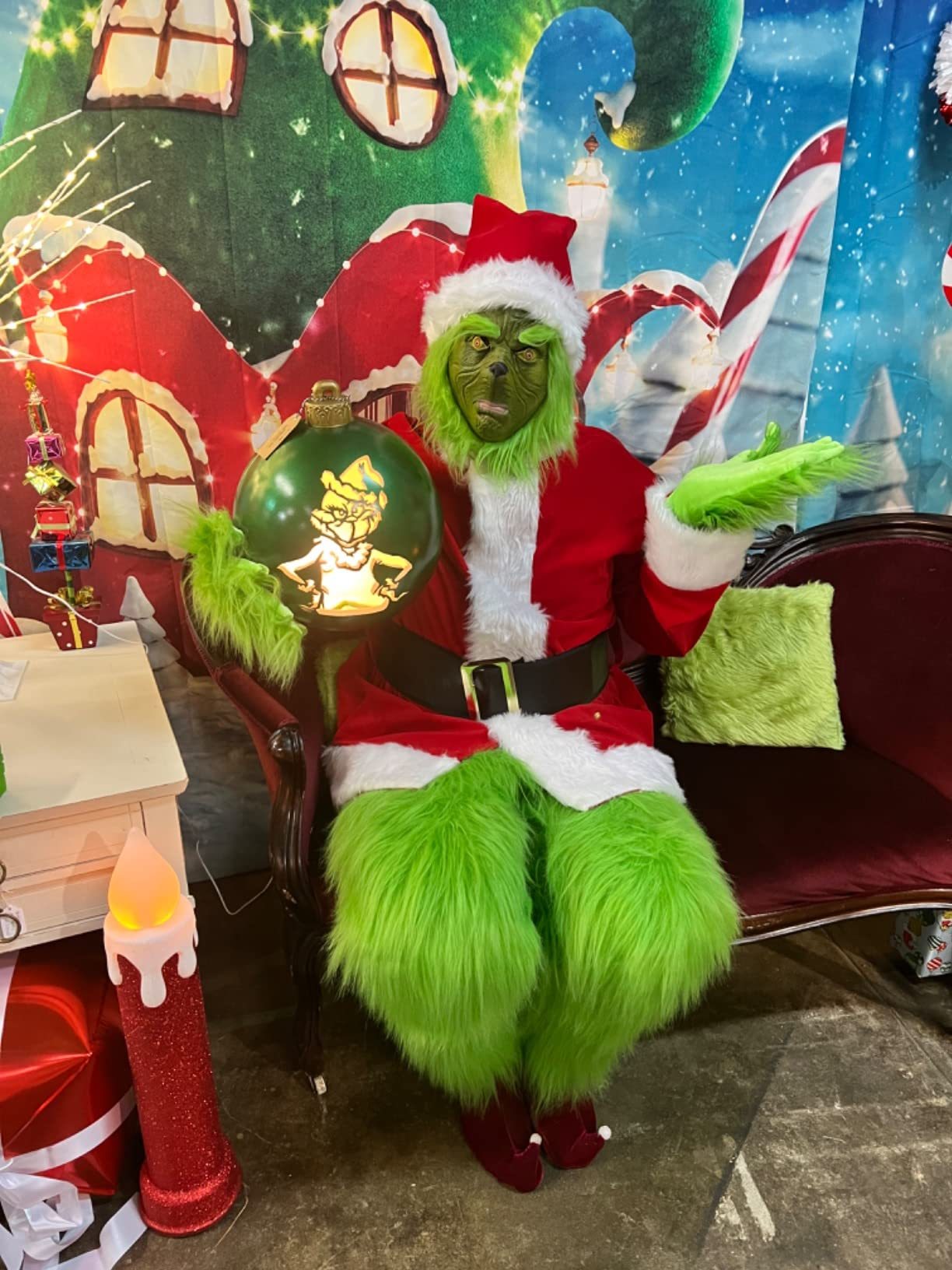 Premium The Grinch Furry Christmas Costume, Dr Seuss Green Monster Santa Outfit With Full Face Mask for Holiday Cosplay