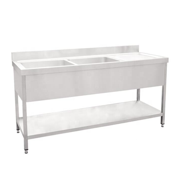 Stainless Steel Double Bowl Sink with Right Drainboard and Storage for Restaurants