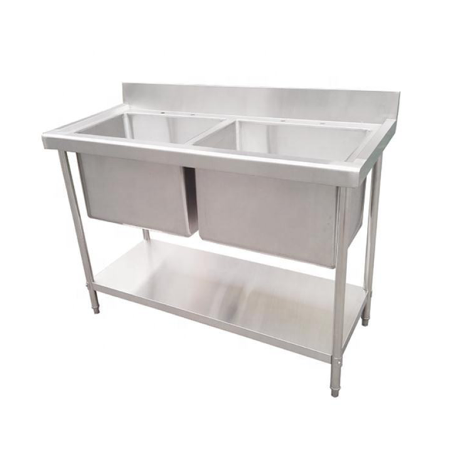 Double Bowl Stainless Steel Sink ZZZSSYY with Drainboard and Shelf for Restaurants