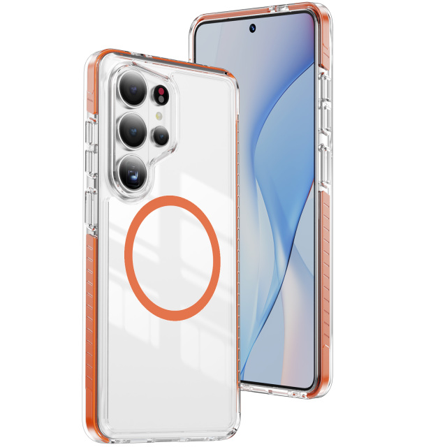 Transparent Magnetic Case with Colorful Anti-slip Stripes Side Anti-yellowing Shockproof Case Acrylic +  TPU Case for S26 Ultra
