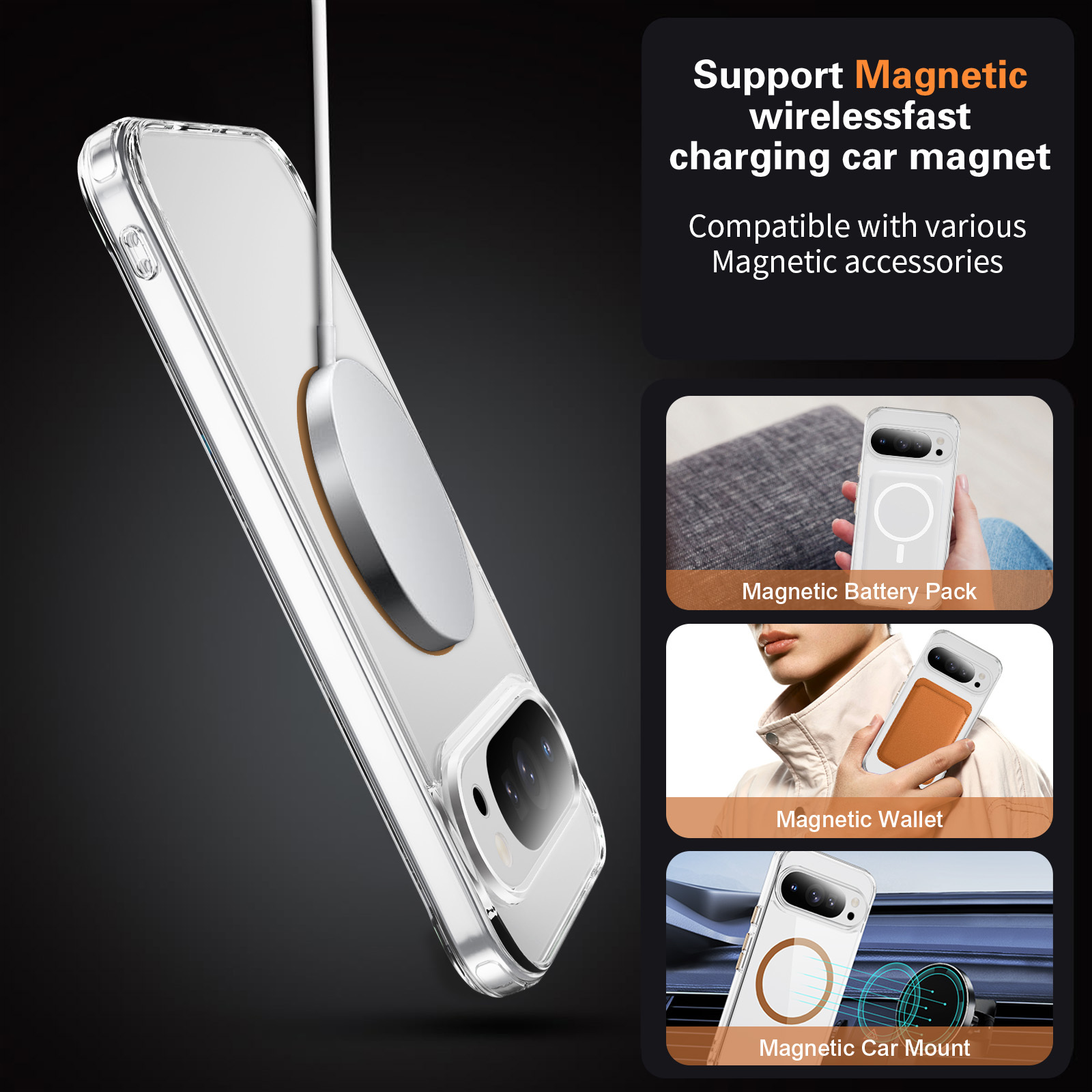 Strong Magnetic Clear Case with Metal Button High-quality Anti-yellowing Transparent Shockproof Case TPU + PC Case for pixel 10